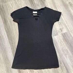 POPOMOMO Black Cutout V Neck Short Sleeve Tunic Top Women's S M